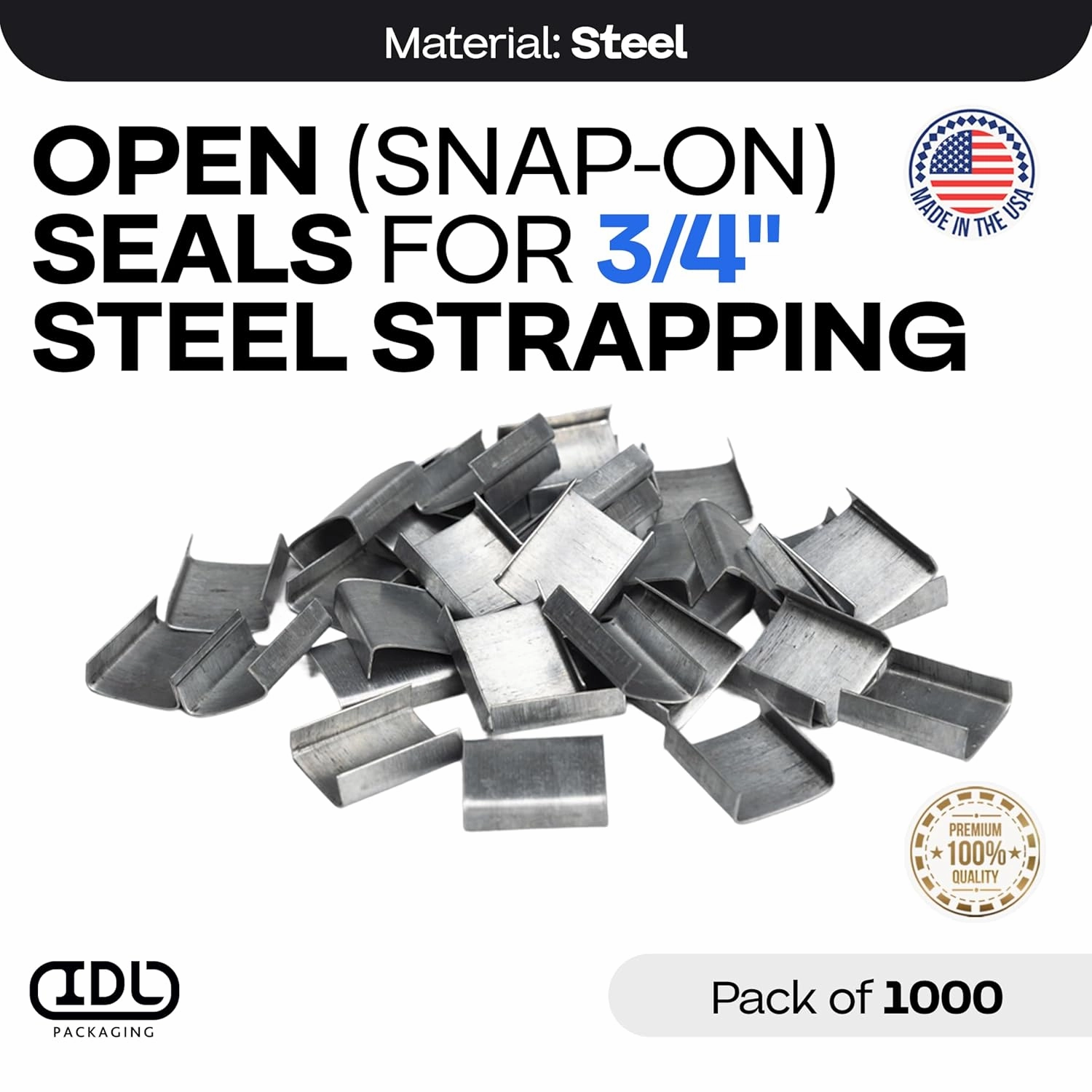 IDL Packaging Open (Snap-On) Seals for 3/4" Strap Width Steel Strapping (Pack of 1000) - Superior Holding Power - Sturdy Metal Clips for Securing Heavy Packaging and Pallet Banding