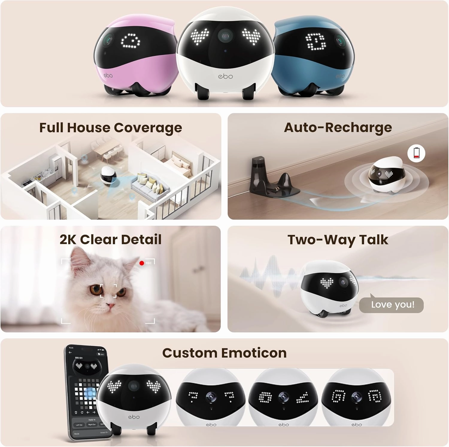 Indoor Security Camera Robot EBO Air 2: 2K Pet Camera, Movable Home Robot, Custom Facial Expression, Auto-Recharge, Battery-Operated, 2-Way Talk, Night Vision, 32GB Memory Card (Jay Blue)