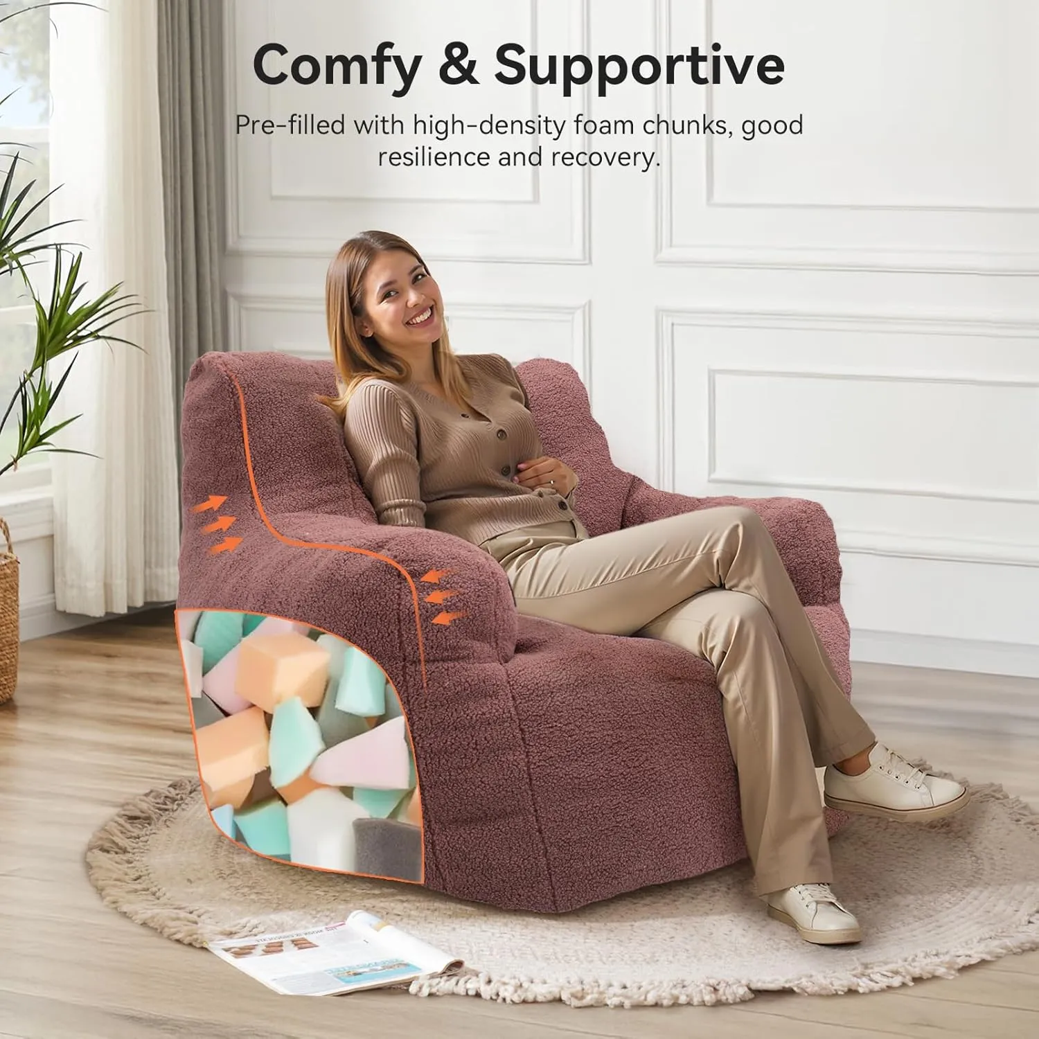 INMOZATA Bean Bag Chair for Adult and Teens 3FT Pre-Filled Soft Teddy Fluffy Lazy Sofa Floor Chair Beanbag for Living Room Playroom Dorm Apartment (Brick Red)