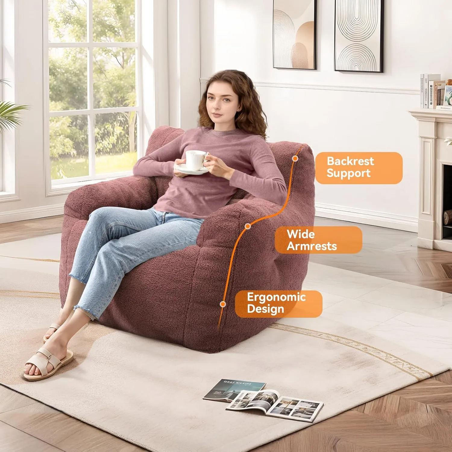 INMOZATA Bean Bag Chair for Adult and Teens 3FT Pre-Filled Soft Teddy Fluffy Lazy Sofa Floor Chair Beanbag for Living Room Playroom Dorm Apartment (Brick Red)