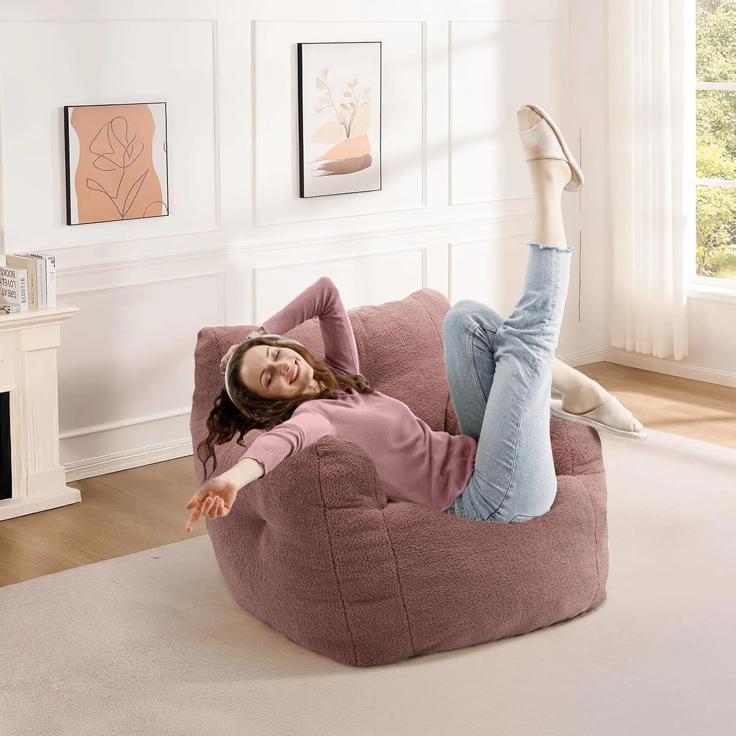 INMOZATA Bean Bag Chair for Adult and Teens 3FT Pre-Filled Soft Teddy Fluffy Lazy Sofa Floor Chair Beanbag for Living Room Playroom Dorm Apartment (Brick Red)