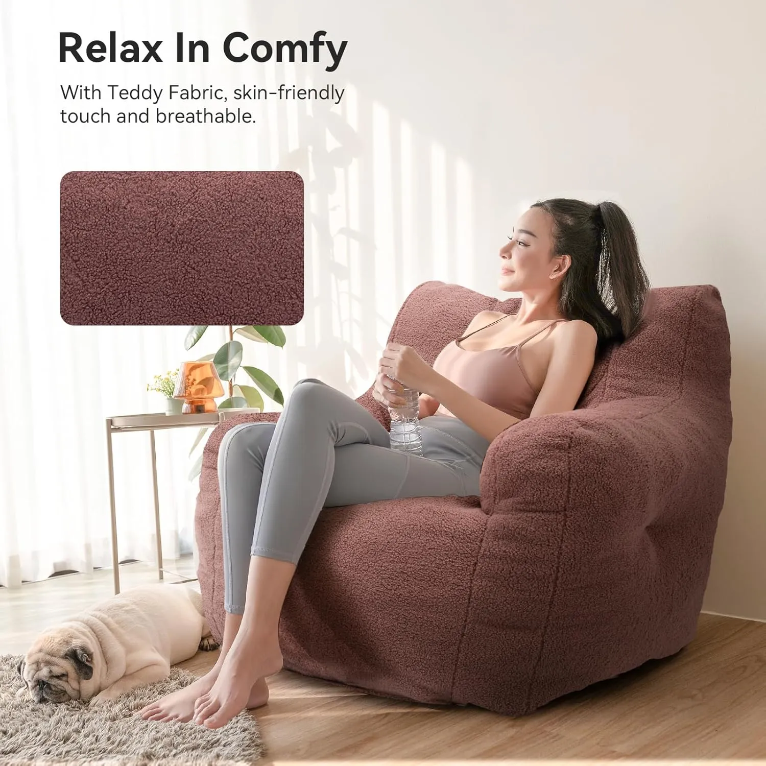 INMOZATA Bean Bag Chair for Adult and Teens 3FT Pre-Filled Soft Teddy Fluffy Lazy Sofa Floor Chair Beanbag for Living Room Playroom Dorm Apartment (Brick Red)