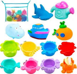 INNOCHEER Baby Bath Toys for Toddlers, Water Table Toys with Mold Free Stacking Cups, Quick Dry Organizer Net, 13 Pcs Bathtub Game, Beach and Pool Party