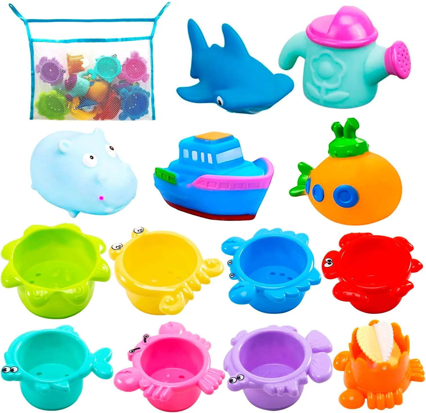 INNOCHEER Baby Bath Toys for Toddlers, Water Table Toys with Mold Free Stacking Cups, Quick Dry Organizer Net, 13 Pcs Bathtub Game, Beach and Pool Party