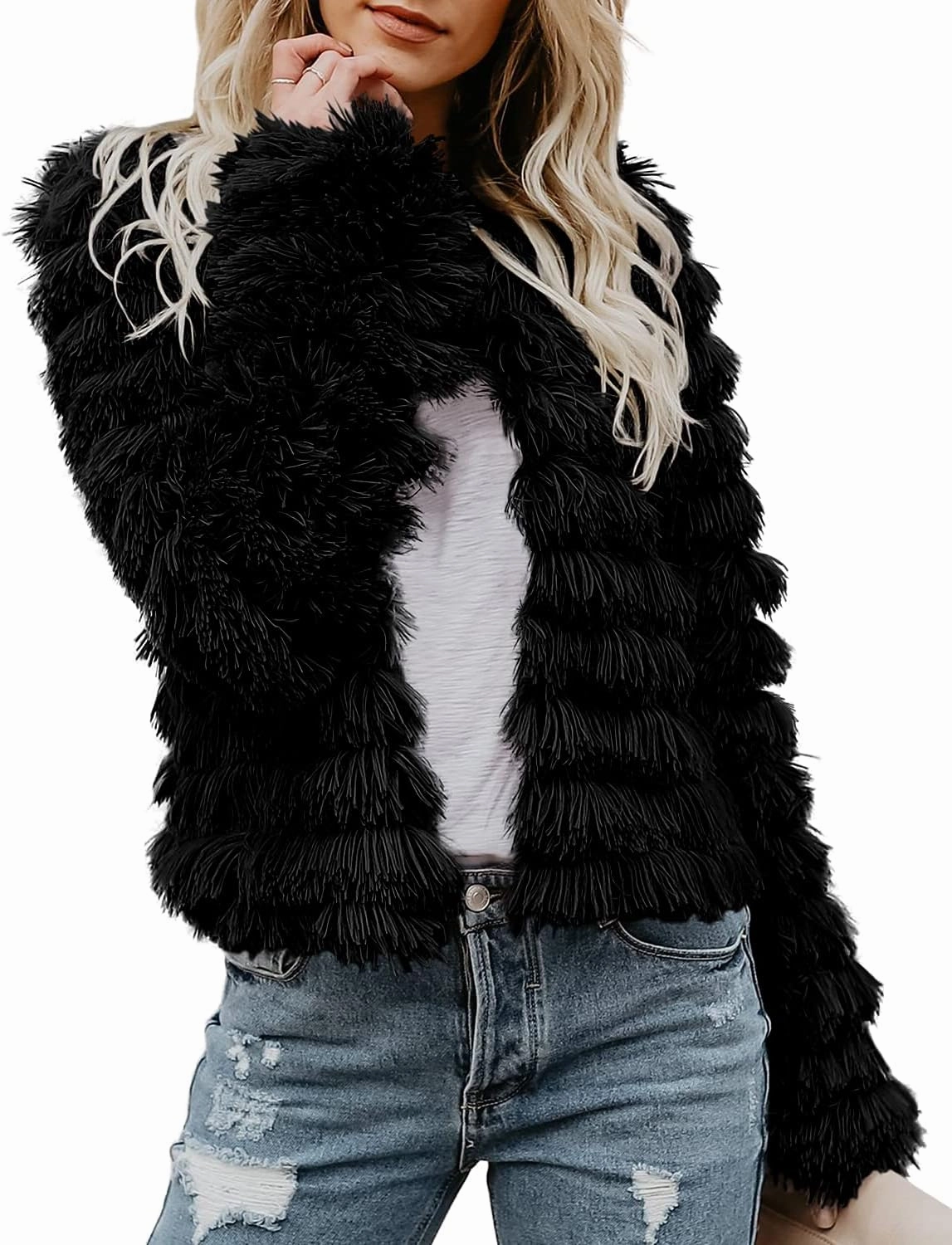 Inorin Womens Fall Open Front Cardigan Faux Fur Coat Vintage Parka Shaggy Jacket Warm Coat Tops