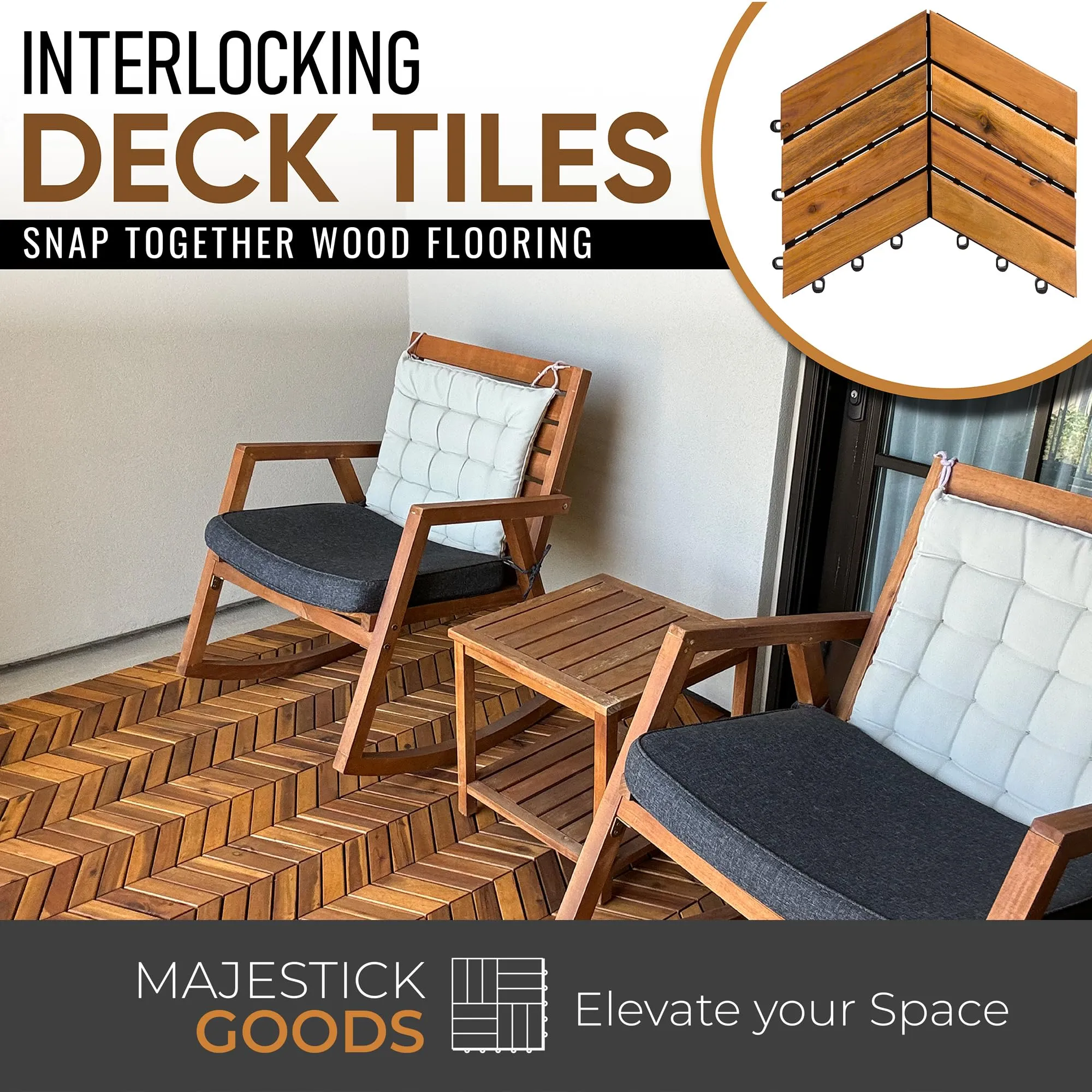 Interlocking Deck Tiles 12" x 9" Herringbone 6 Sq Ft - Non-Slip Acacia Wood Outdoor Tiles for Patio - Decking, Porch and Balcony Flooring Tiles - Easy to Install Wooden Deck Tile Pavers (8 Pack)
