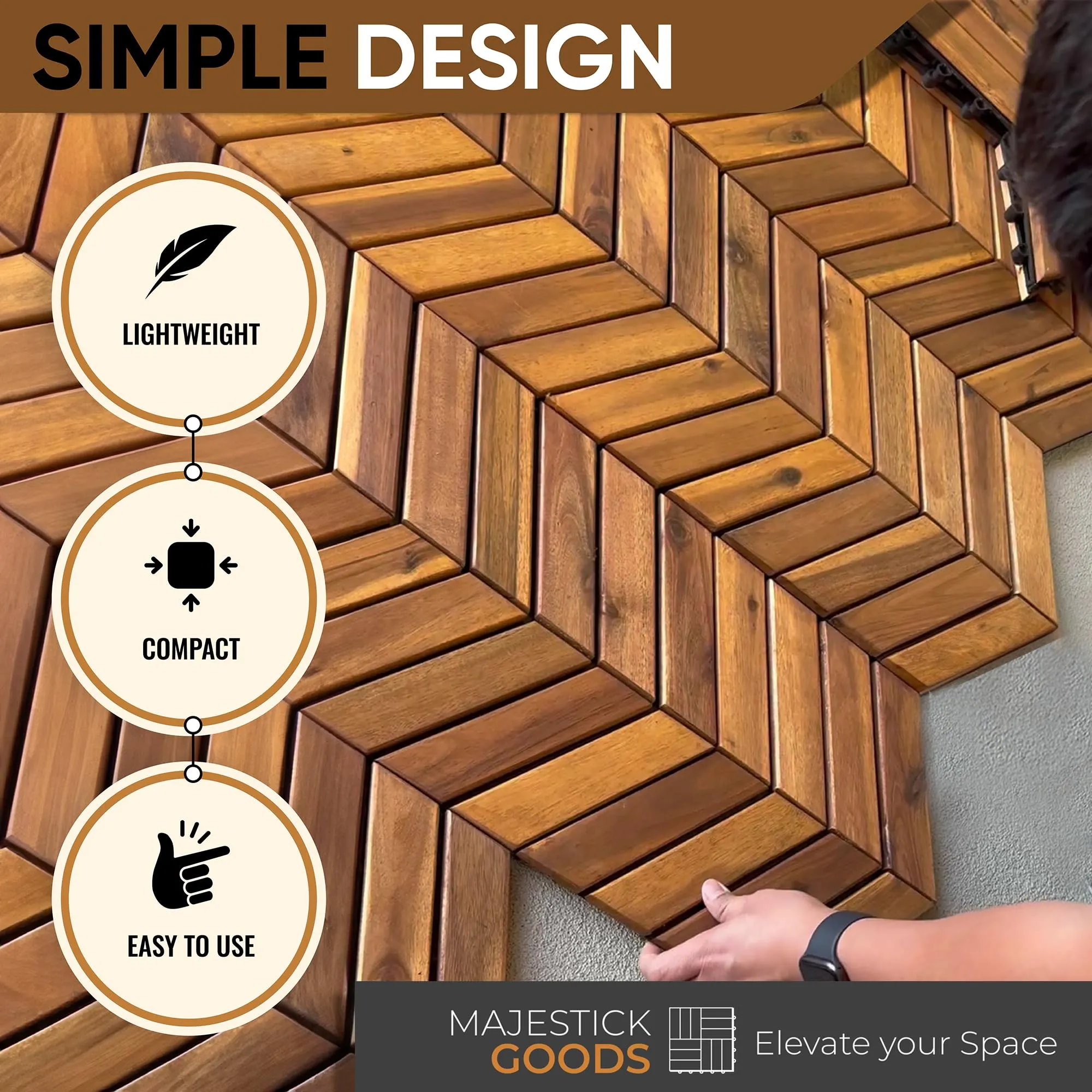 Interlocking Deck Tiles 12" x 9" Herringbone 6 Sq Ft - Non-Slip Acacia Wood Outdoor Tiles for Patio - Decking, Porch and Balcony Flooring Tiles - Easy to Install Wooden Deck Tile Pavers (8 Pack)