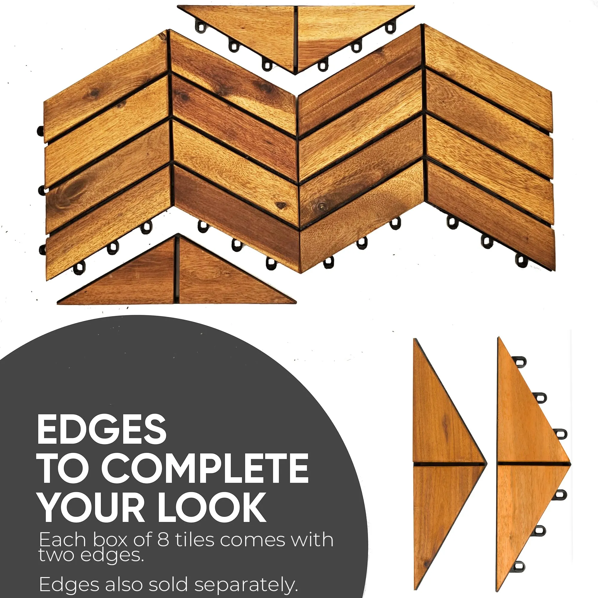 Interlocking Deck Tiles 12" x 9" Herringbone 6 Sq Ft - Non-Slip Acacia Wood Outdoor Tiles for Patio - Decking, Porch and Balcony Flooring Tiles - Easy to Install Wooden Deck Tile Pavers (8 Pack)