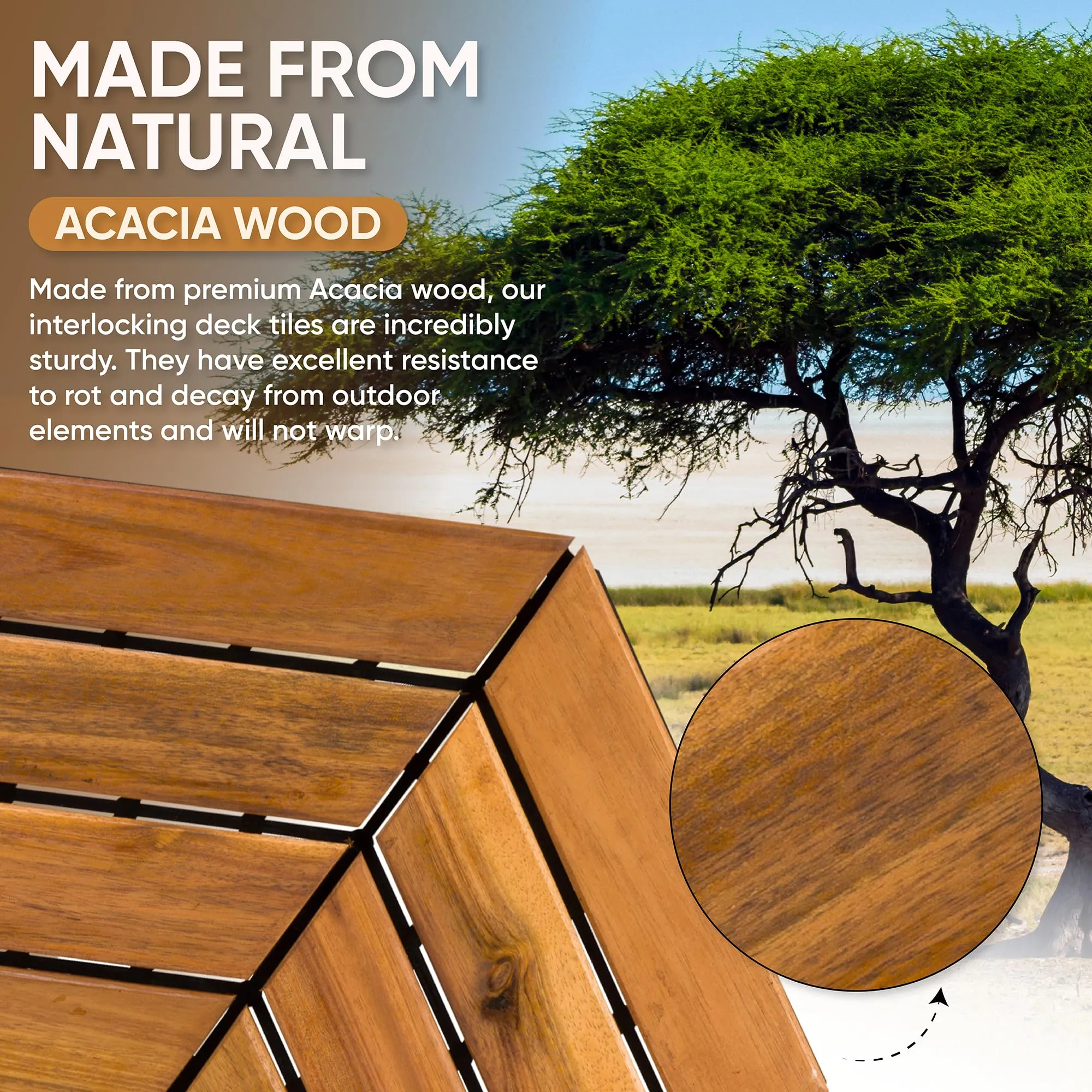 Interlocking Deck Tiles 12" x 9" Herringbone 6 Sq Ft - Non-Slip Acacia Wood Outdoor Tiles for Patio - Decking, Porch and Balcony Flooring Tiles - Easy to Install Wooden Deck Tile Pavers (8 Pack)