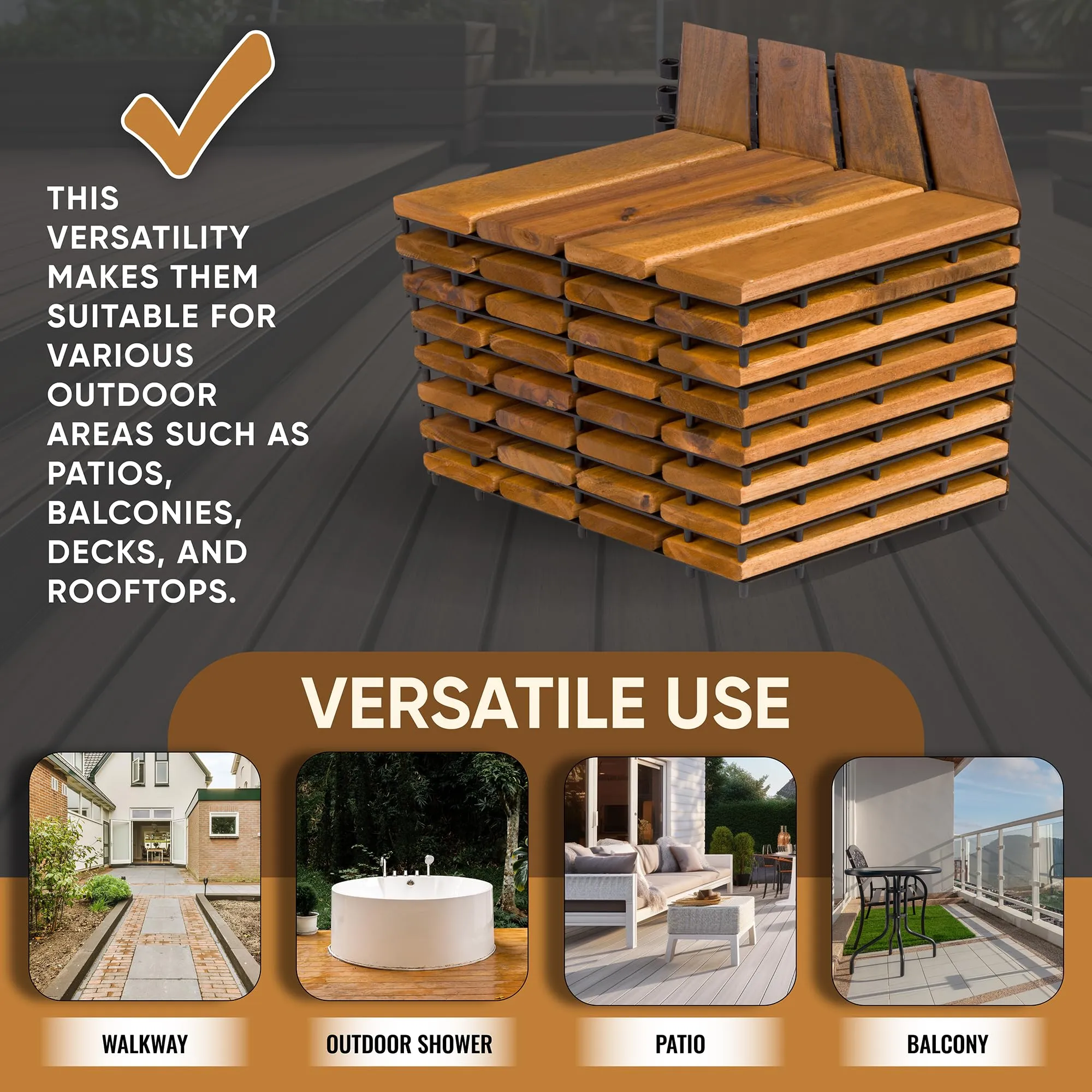 Interlocking Deck Tiles 12" x 9" Herringbone 6 Sq Ft - Non-Slip Acacia Wood Outdoor Tiles for Patio - Decking, Porch and Balcony Flooring Tiles - Easy to Install Wooden Deck Tile Pavers (8 Pack)