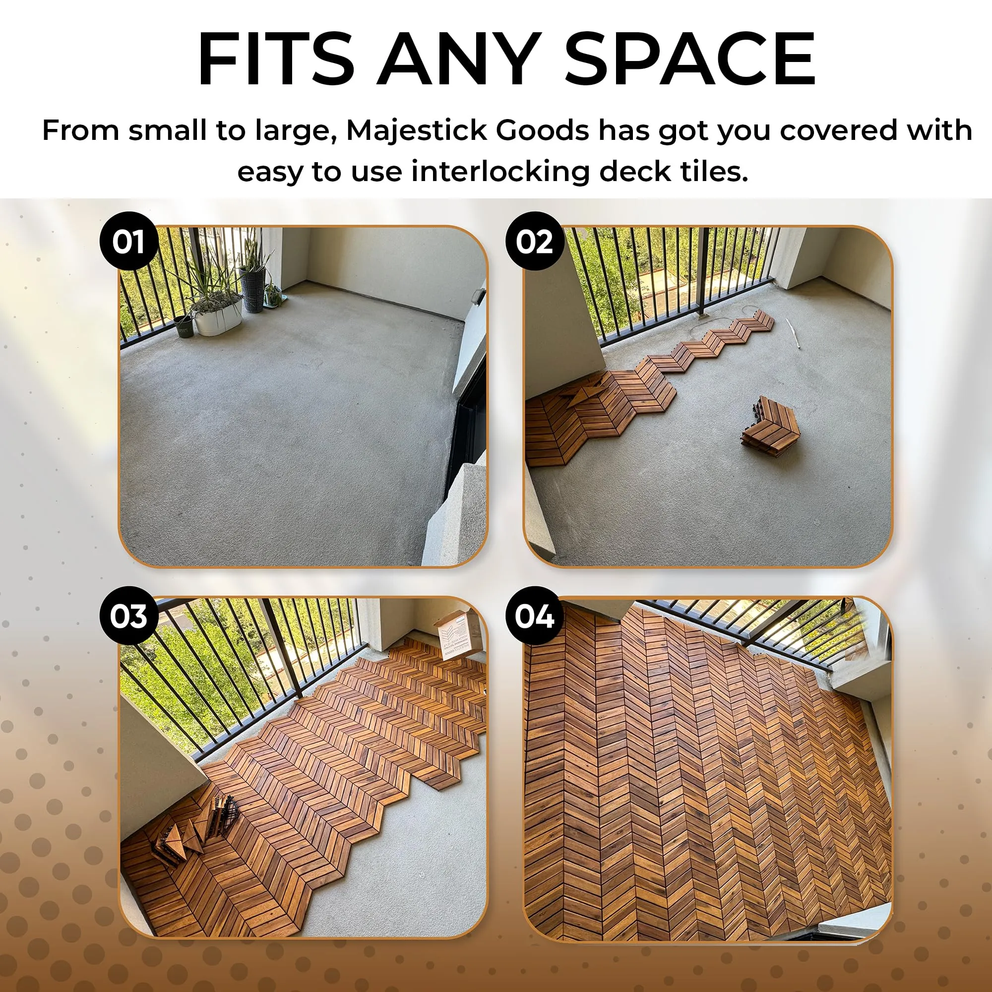 Interlocking Deck Tiles 12" x 9" Herringbone 6 Sq Ft - Non-Slip Acacia Wood Outdoor Tiles for Patio - Decking, Porch and Balcony Flooring Tiles - Easy to Install Wooden Deck Tile Pavers (8 Pack)