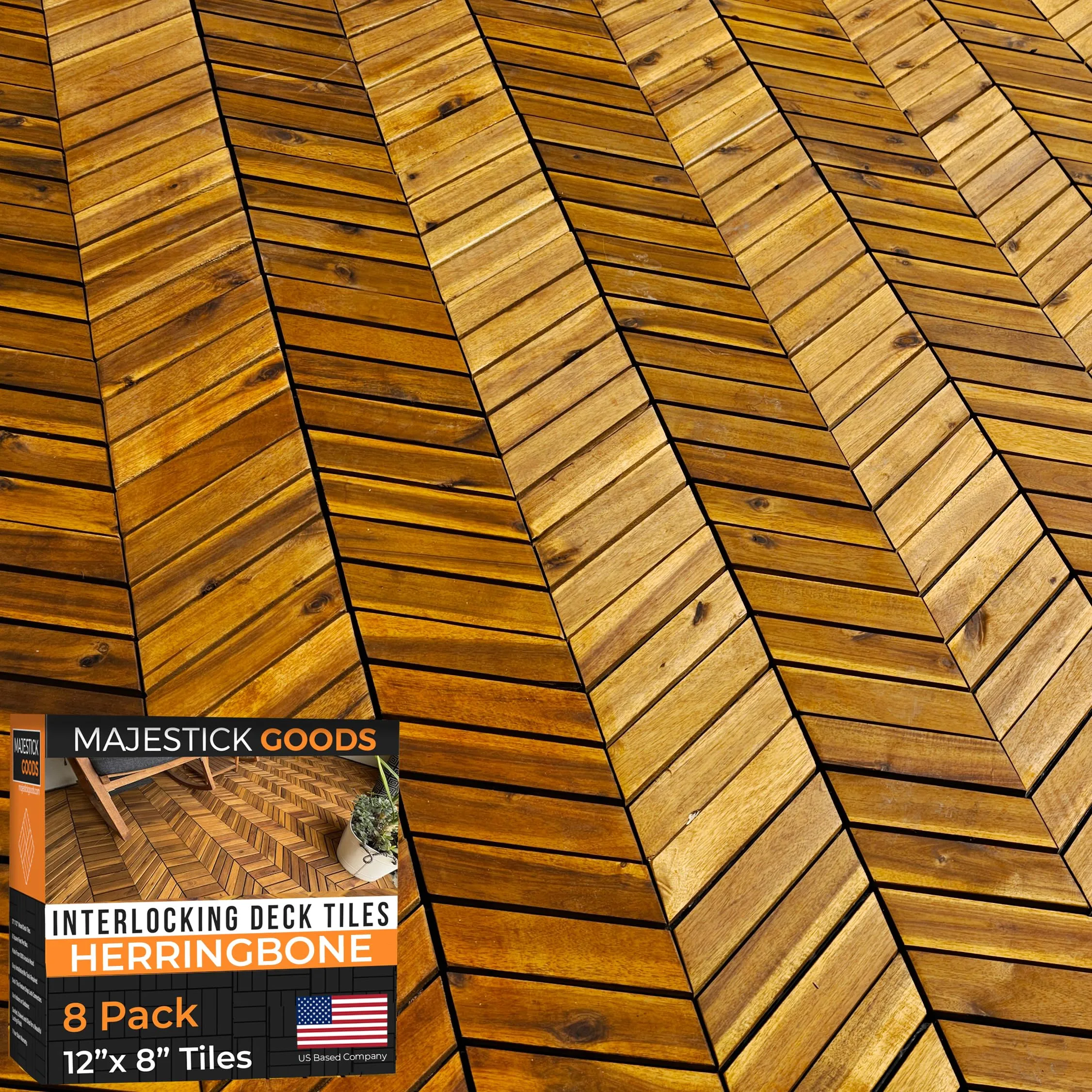 Interlocking Deck Tiles 12" x 9" Herringbone 6 Sq Ft - Non-Slip Acacia Wood Outdoor Tiles for Patio - Decking, Porch and Balcony Flooring Tiles - Easy to Install Wooden Deck Tile Pavers (8 Pack)