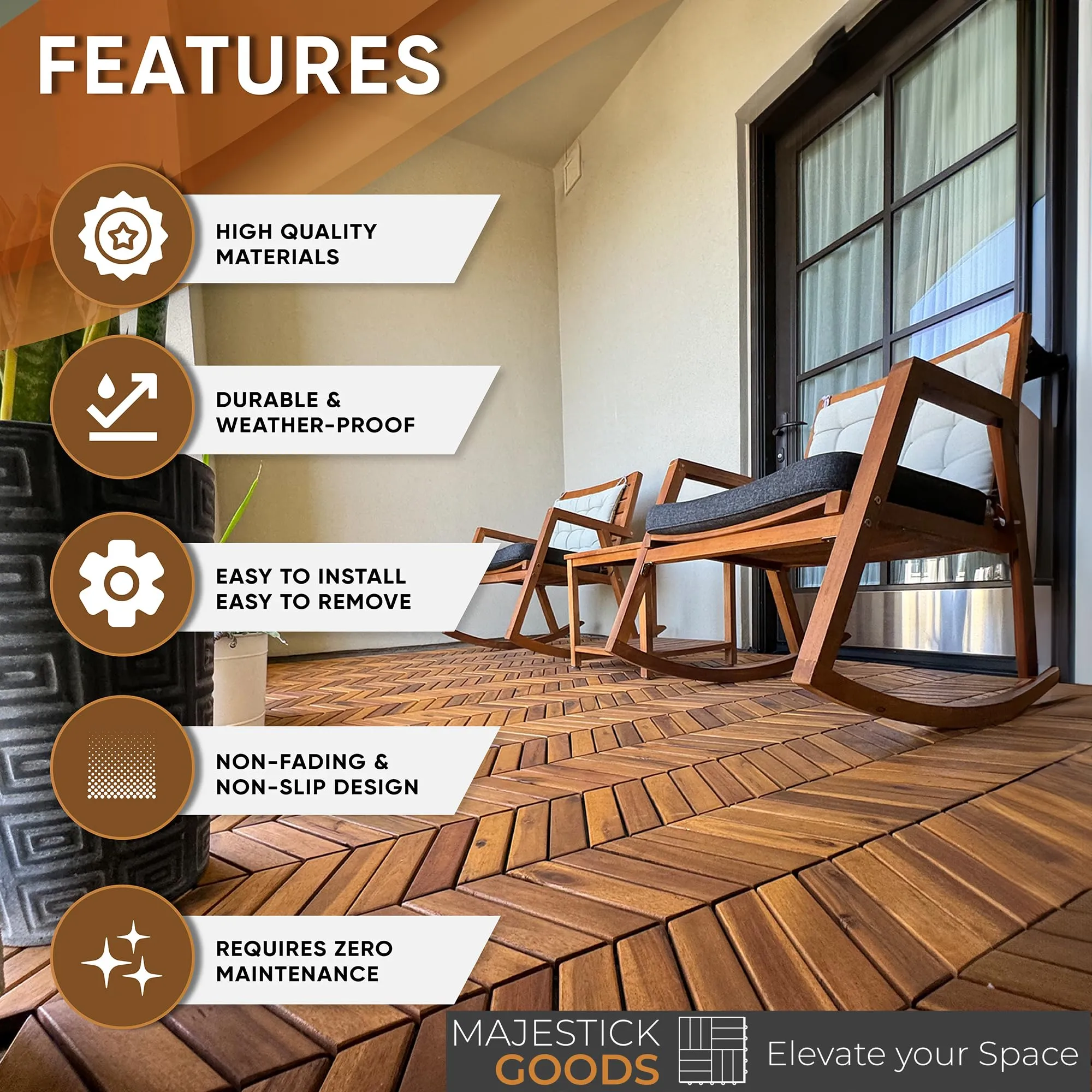 Interlocking Deck Tiles 12" x 9" Herringbone 6 Sq Ft - Non-Slip Acacia Wood Outdoor Tiles for Patio - Decking, Porch and Balcony Flooring Tiles - Easy to Install Wooden Deck Tile Pavers (8 Pack)