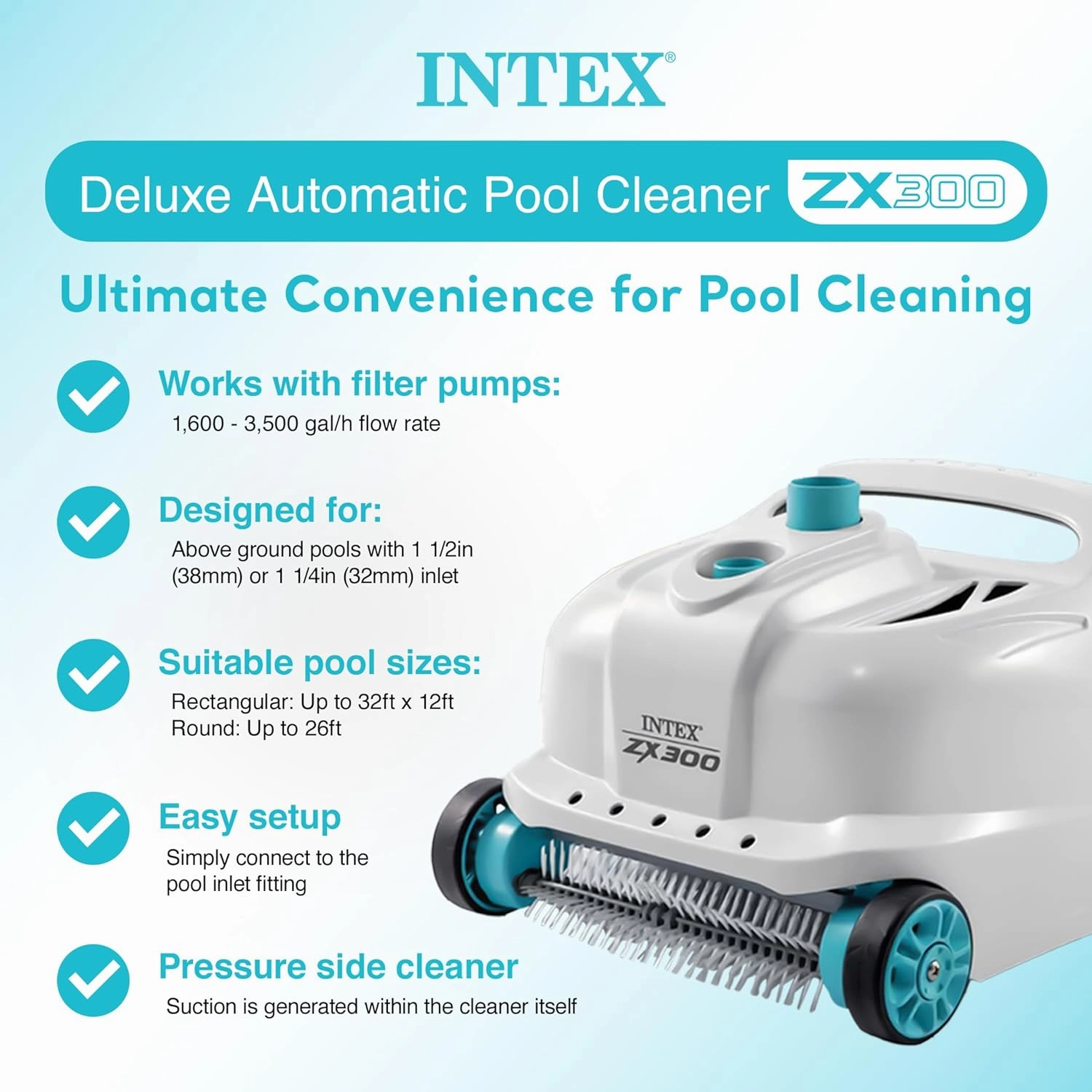 INTEX Deluxe Pressure-Side Above Ground Automatic Pool Cleaner Vacuum - For Bigger Pools – Cleans Pool Floors and Walls – Removes Debris – Removable Filter Tray – 21ft Tangle Free Hose