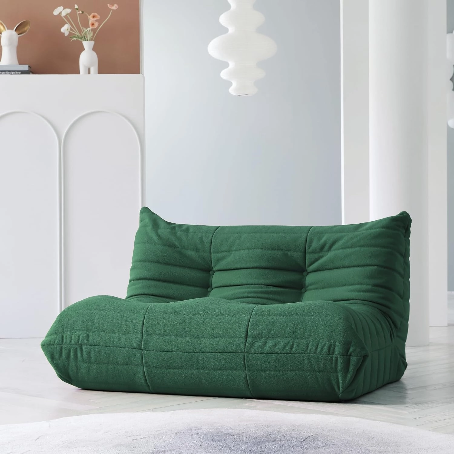 JACH 53" Comfy Lazy Floor Sofa Couch, Teddy Velvet Mohair Fireside Corner Bean Bag Chairs for Adults, Sofa Chair Foam-Filled Accent 2-Seat Chair for Living Room Office Salon, Green