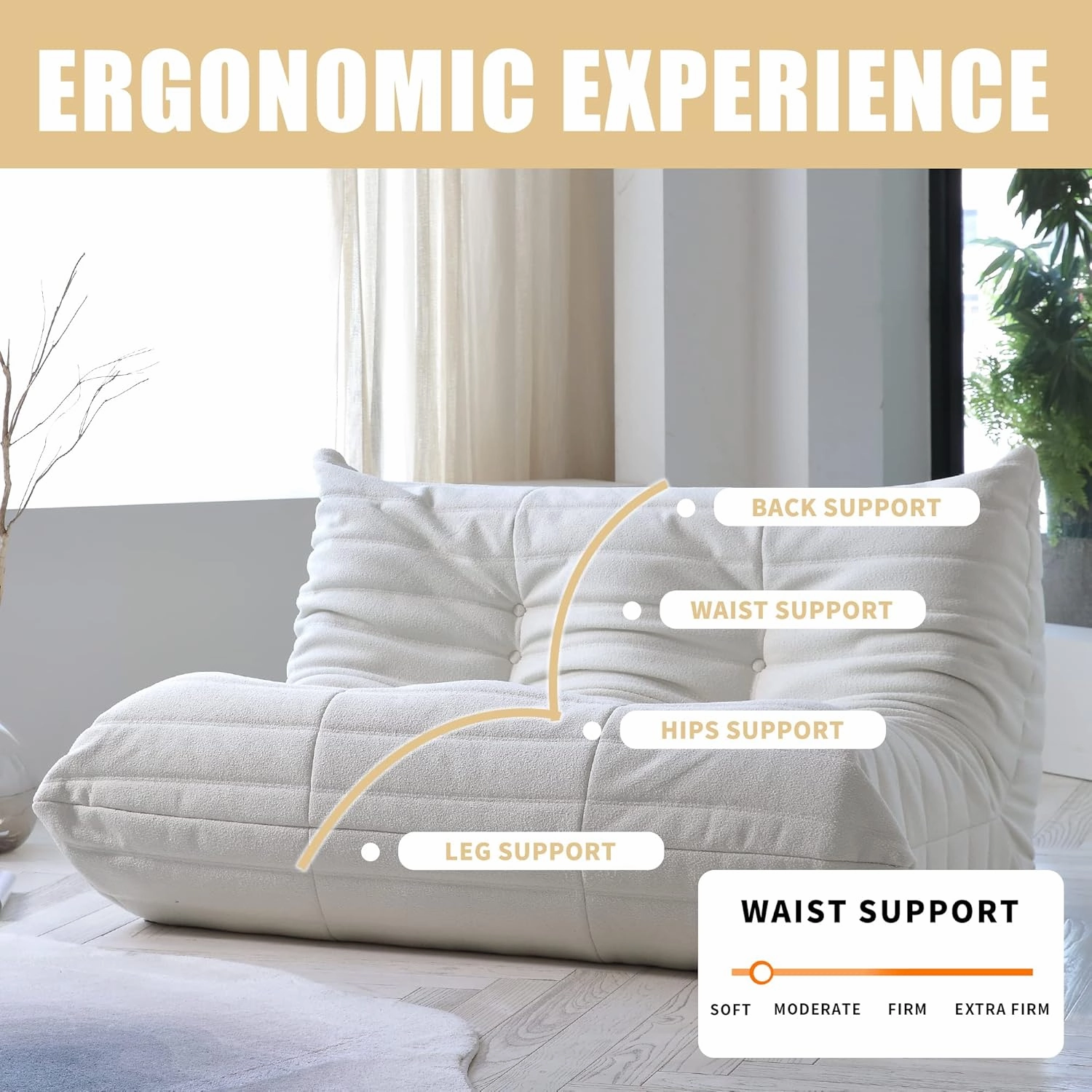 JACH 53" Comfy Lazy Floor Sofa Couch, Teddy Velvet Mohair Fireside Corner Bean Bag Chairs for Adults, Soft Lounge Foam-Filled Accent 2-Seat Chair for Living Room Bedroom Office Salon, Beige