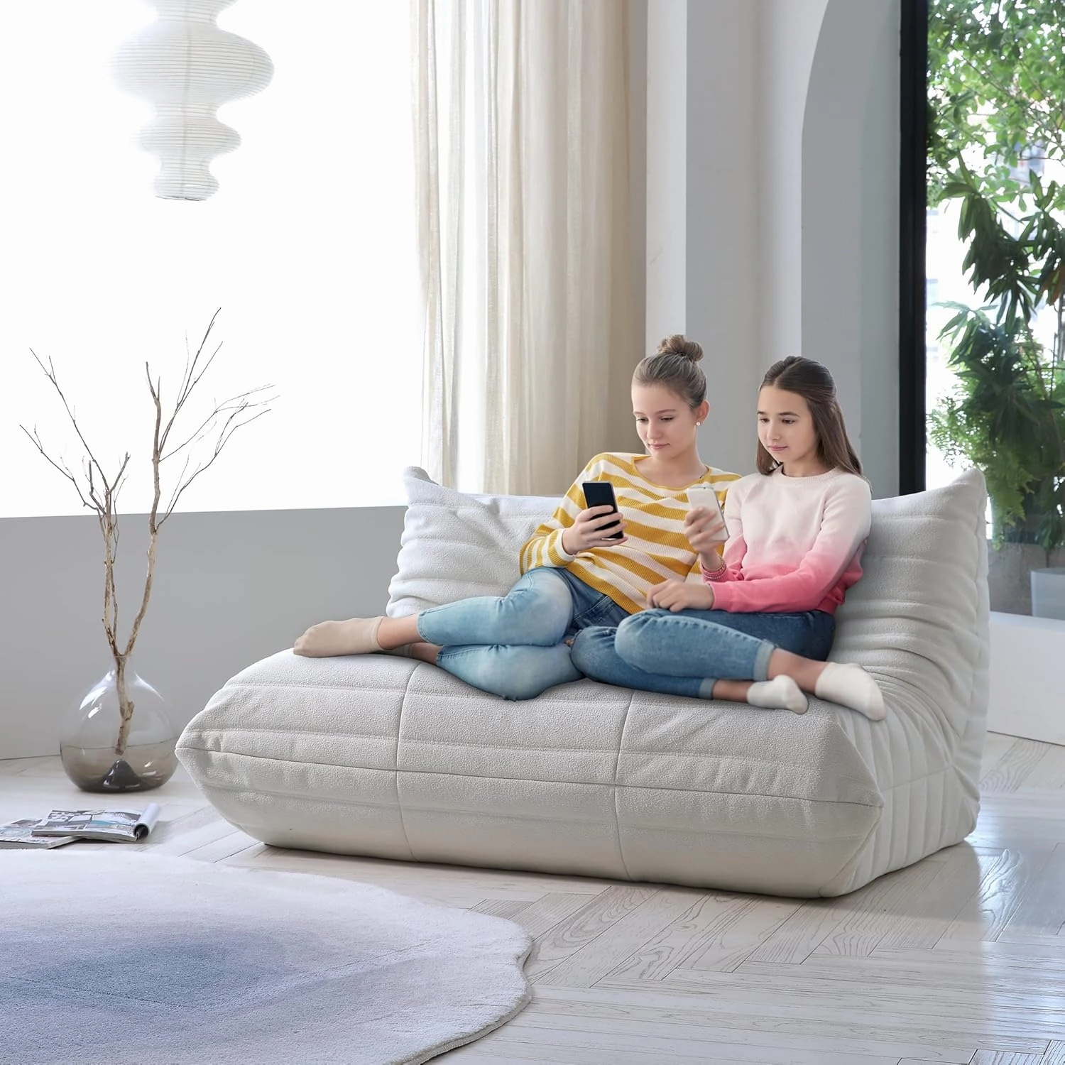 JACH 53" Comfy Lazy Floor Sofa Couch, Teddy Velvet Mohair Fireside Corner Bean Bag Chairs for Adults, Soft Lounge Foam-Filled Accent 2-Seat Chair for Living Room Bedroom Office Salon, Beige