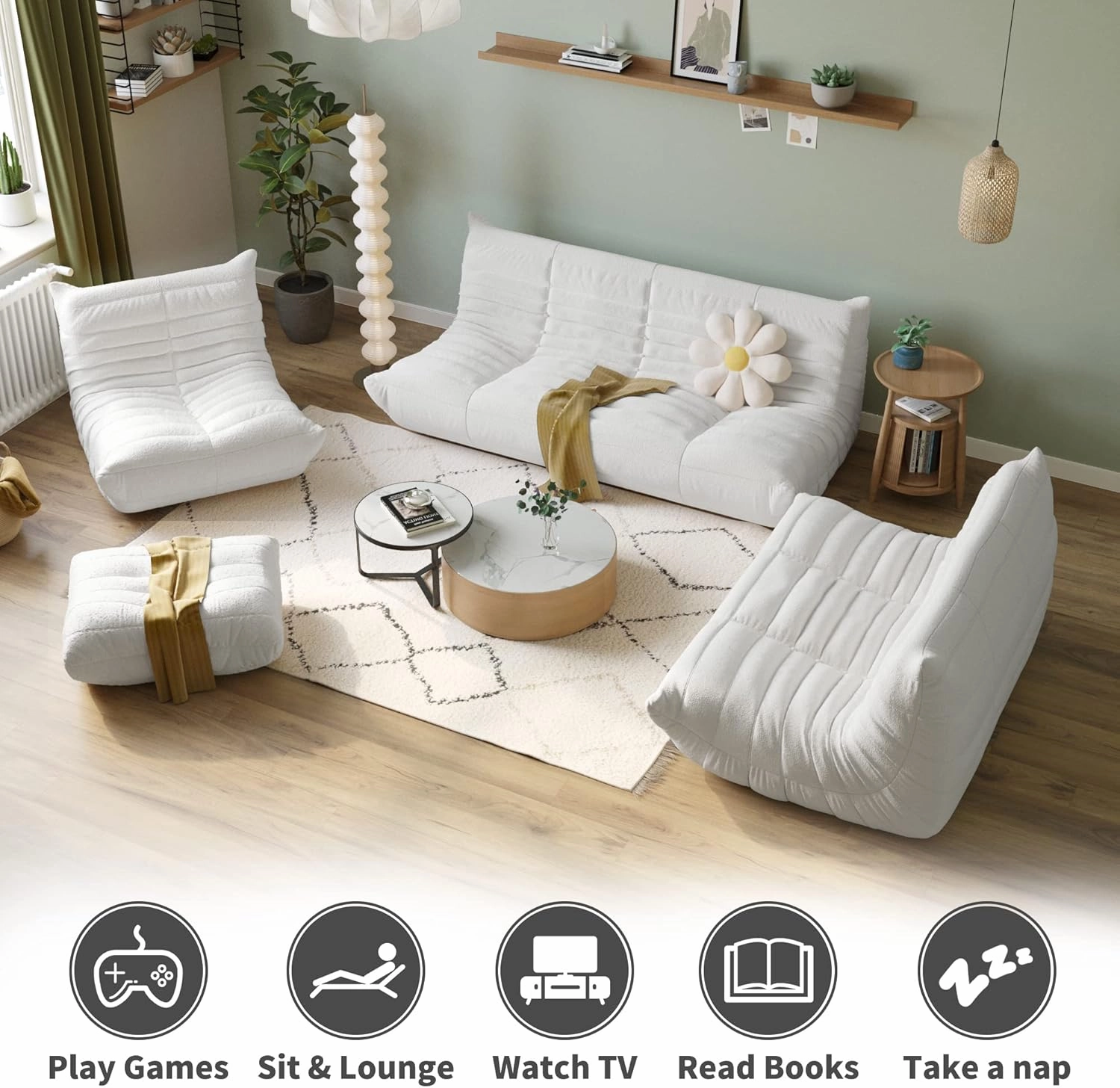 JACH 53" Comfy Lazy Floor Sofa Couch, Teddy Velvet Mohair Fireside Corner Bean Bag Chairs for Adults, Soft Lounge Foam-Filled Accent 2-Seat Chair for Living Room Bedroom Office Salon, Beige