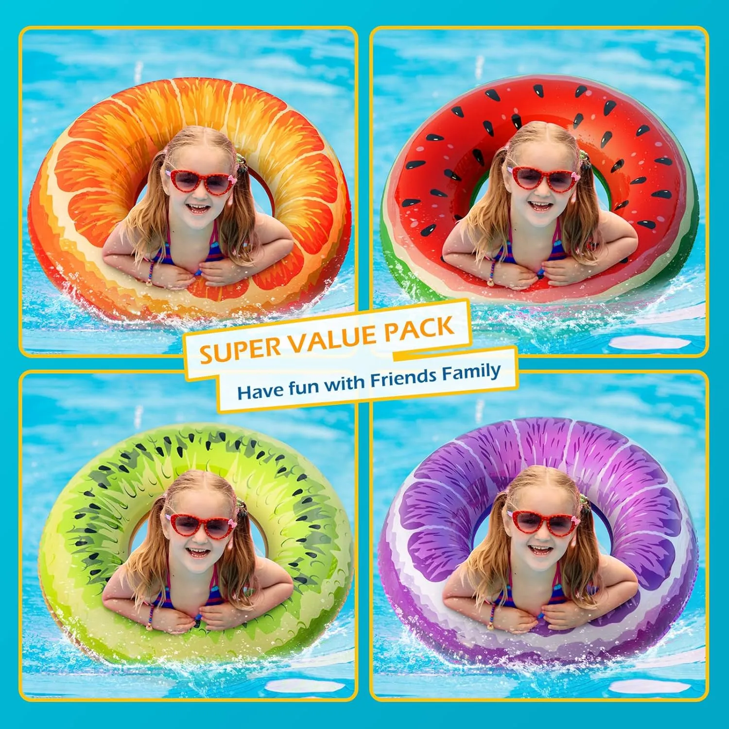 Jasonwell Inflatable Pool Toys Floats for Swimming Pool Party Lake Beach Kids Adults - 4 Pack Floaties Pool Tubes Swim Rings Fruit Water Floaty Watermelon Kiwi Orange Grape