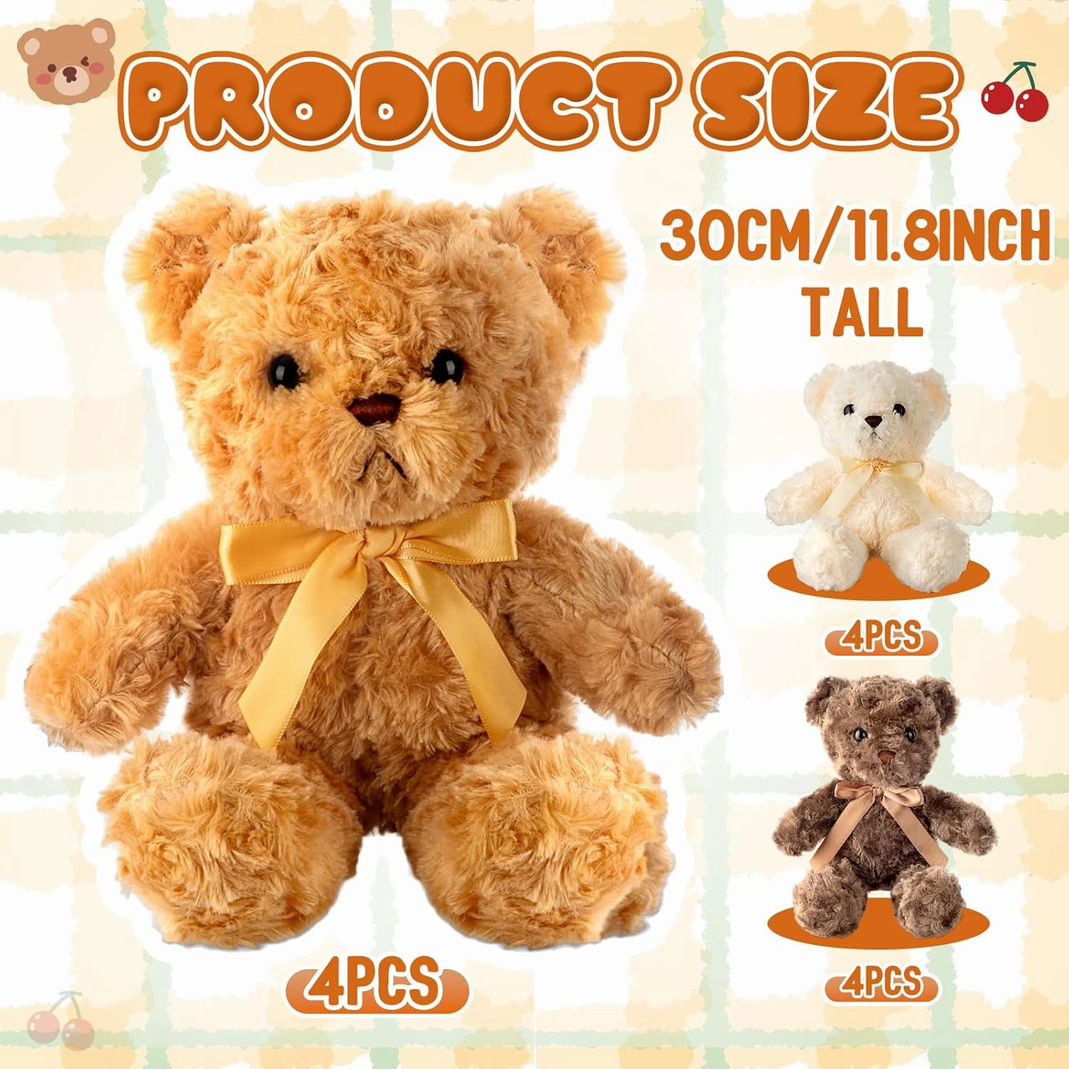 Jenaai 12 Pieces Stuffed Animals Stuffed Bear with Bow Soft Party Gift Plush Bears for Baby Shower Centerpieces Birthday Care Wedding Decorations Christmas, 11.8 Inch (Brown, Dark Brown, Beige, Cute)