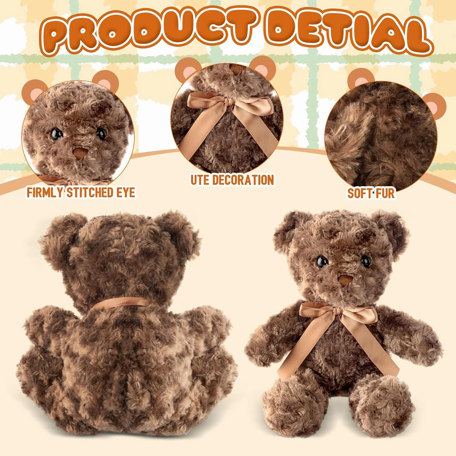 Jenaai 12 Pieces Stuffed Animals Stuffed Bear with Bow Soft Party Gift Plush Bears for Baby Shower Centerpieces Birthday Care Wedding Decorations Christmas, 11.8 Inch (Brown, Dark Brown, Beige, Cute)