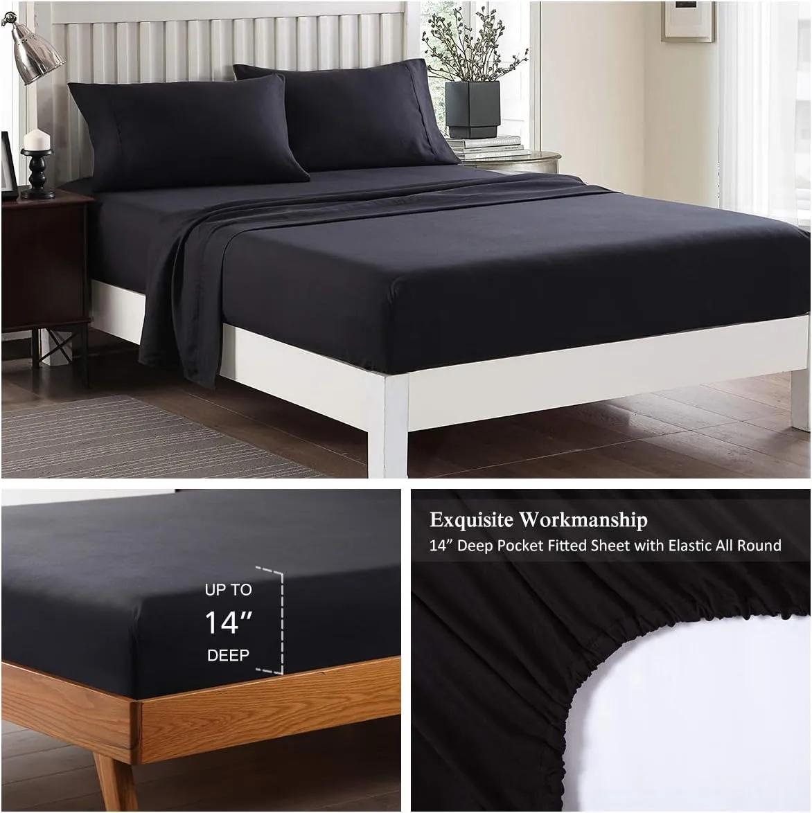 JML Bed Sheet, King Sheet Set 4-Piece 3000 Thread Count Microfiber Bed Sheet Set Deep Pocket Up to 14" - Soft Wrinkle & Fade Resistant, Hypoallergenic Luxury Bedding Set, Black