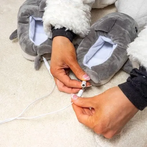 Jokari USB Rechargeable Heated Shark Slippers for Men, Women and Kids. Super Comfy Plush Electric Slippers with Non Slip, Water Resistant Soles, Foam Insole to Keep Feet and Toes Warm (Adult M)