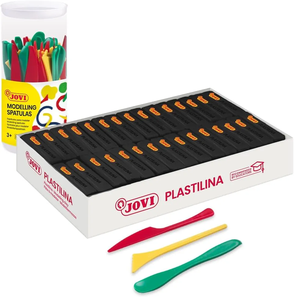 Jovi - Non-Drying Plasticine, 30 Black Bars with 48 Sculpting Tools (3 Different Models), Gluten-Free and Non-Toxic for Home and School Use