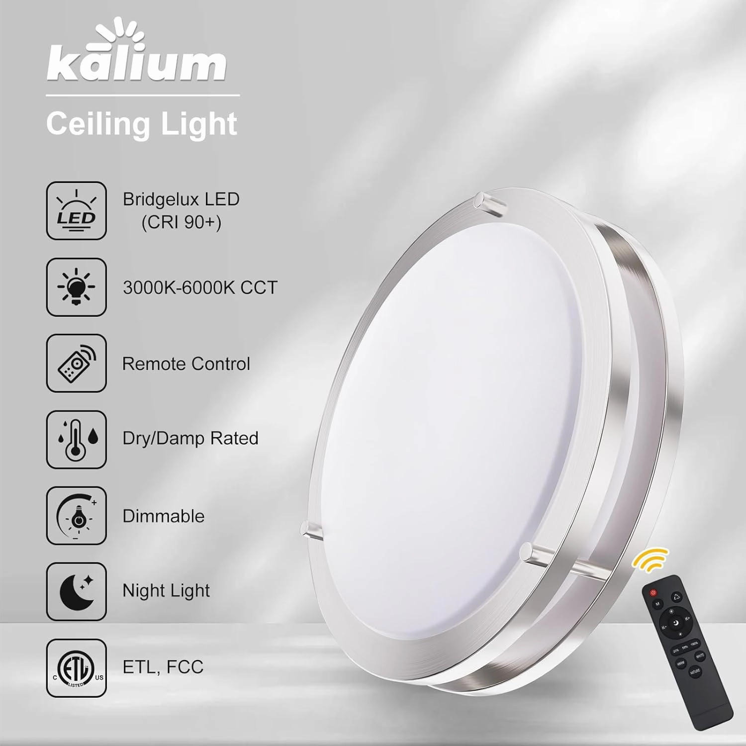 Kalium LED Ceiling Light with Remote 10 Inch Flush Mount Ceiling Light Fixture, 18W 3000K-6000K Adjustable Color Temperature, Dimmable Lighting Fixtures for Kitchen Bedroom. Hardwired