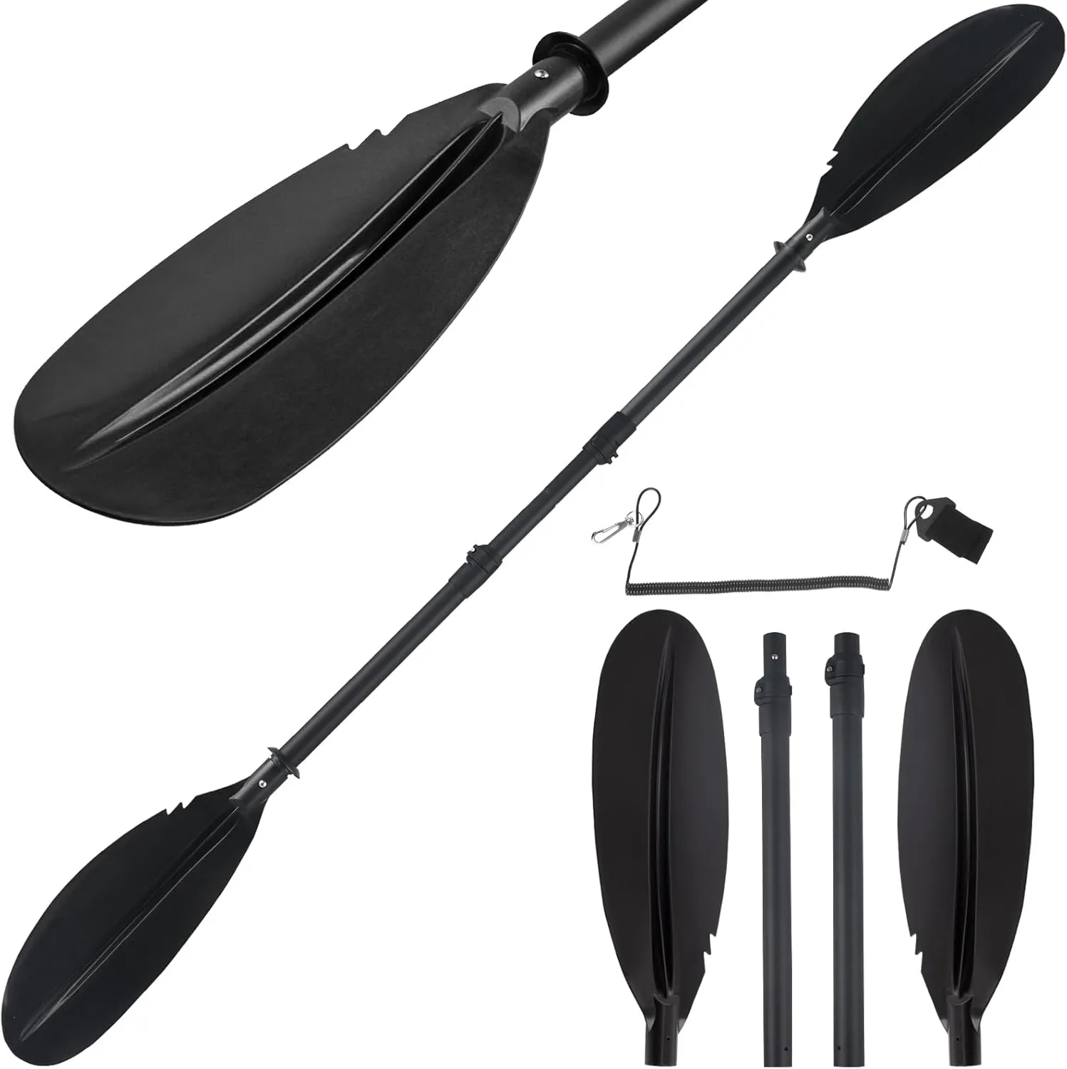 Kayak Paddle, Telescoping Canoe Paddle Boat Oars Fishing Adults with Kayak Paddles Leash Steel Material Adjustable Sturdy Black(94inch)