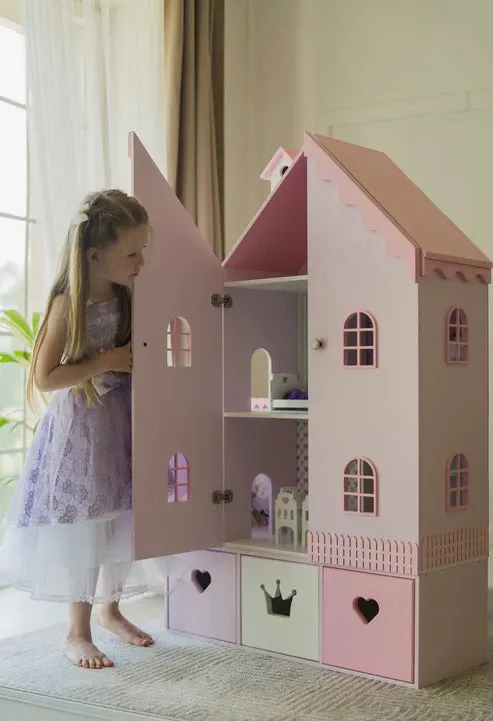Kiddies Kingdom Wooden Dollhouse - Pastel Blue & White Imaginative Play For Ages 3 and Above