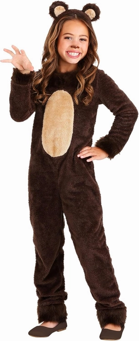Kids Brown Bear Costume with Headband - Girls Grizzly Bear Jumpsuit - Child Animal Halloween Costume