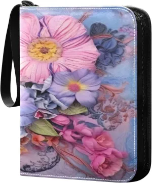 Kigai Trading Card Binder with 50 Sleeves, 400 Pockets PU Zipper Card Collection Binder 4-Pocket Portable Card Folder for Sports Cards, Game Cards (Blooming Flowers Painting)