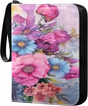 Kigai Trading Card Binder with 50 Sleeves, 400 Pockets PU Zipper Card Collection Binder 4-Pocket Portable Card Folder for Sports Cards, Game Cards (Blooming Flowers Painting)