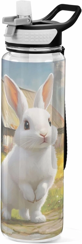 Kigai Transparent Sports Water Bottle 32oz, Bunny in Countryside Road Leakproof Wide Mouth Water Bottle with Straw, BPA Free Water Jug with Detachable Strap & Handle for Fitness Gym Outdoor