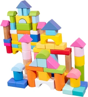 Kisangel Wooden Educational Blocks 100pcs Set for Boys and Girls Geometric Shapes Non-splintering Paint Long-Lasting