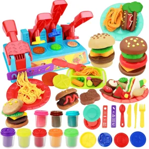 Kitchen Creations Color Dough Toy Noodle Pasta Burger Hotdog Food Maker Modeling Clay Playset for Kids Girls Boys Gift with 8 Compound Multi Colors Dough Pack of 21Pcs
