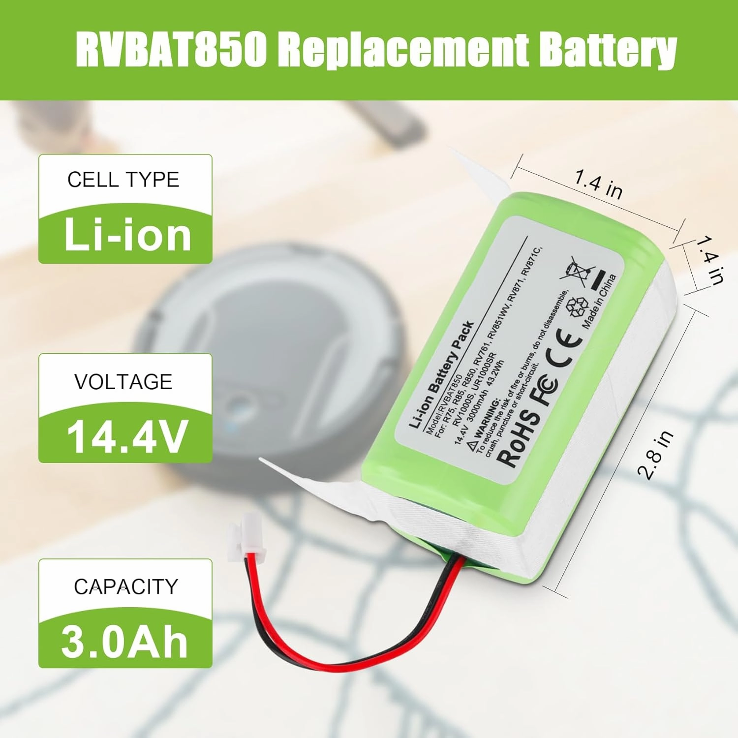KUNLUN 3.0Ah RVBAT850 Battery for Shark Ion Robot RV1001AE R75 R85 R761 RV850 RV1000S RV1000VL RV700_N RV720_N Vacuum Battery(ONLY Fit 2-Prong Connector, NOT for 3-Prong)