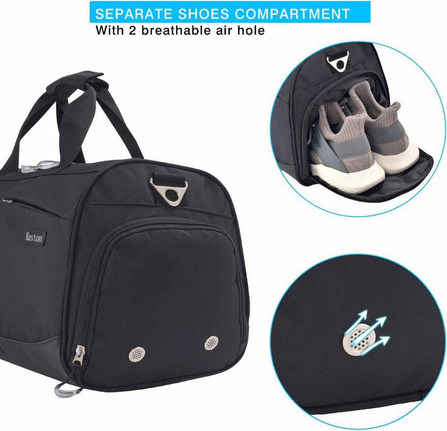 Kuston Sports Gym Bag with Shoes Compartment &Wet Pocket Gym Duffel Bag Overnight Bag for Men and Women-Black