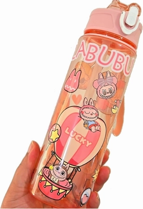 LA BU BU Cartoon Water Bottle with Strap, Pink Hot Air Balloon Design, clear pink plastic Portable Drink Container 25 fl Oz (740 mL) children 9"x 2".5 x 3
