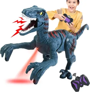 Large Remote Control Velociraptor Toy - Realistic Walking Dinosaur with Lights & Sounds - STEM Toy for Boys Ages 5-7 & 8-12 Blue