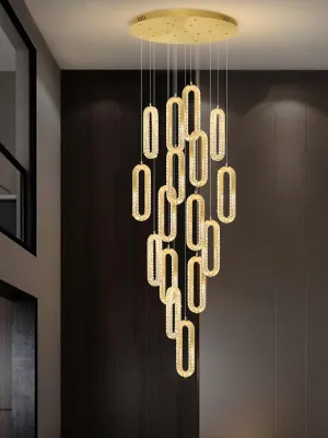Large Staircase Crystal Chandeliers 16-Light Modern foyers Entrance 150" Long Chandeliers for High Ceilings Dimmable 2700K-6000K Stainless Steel Mirror Gold