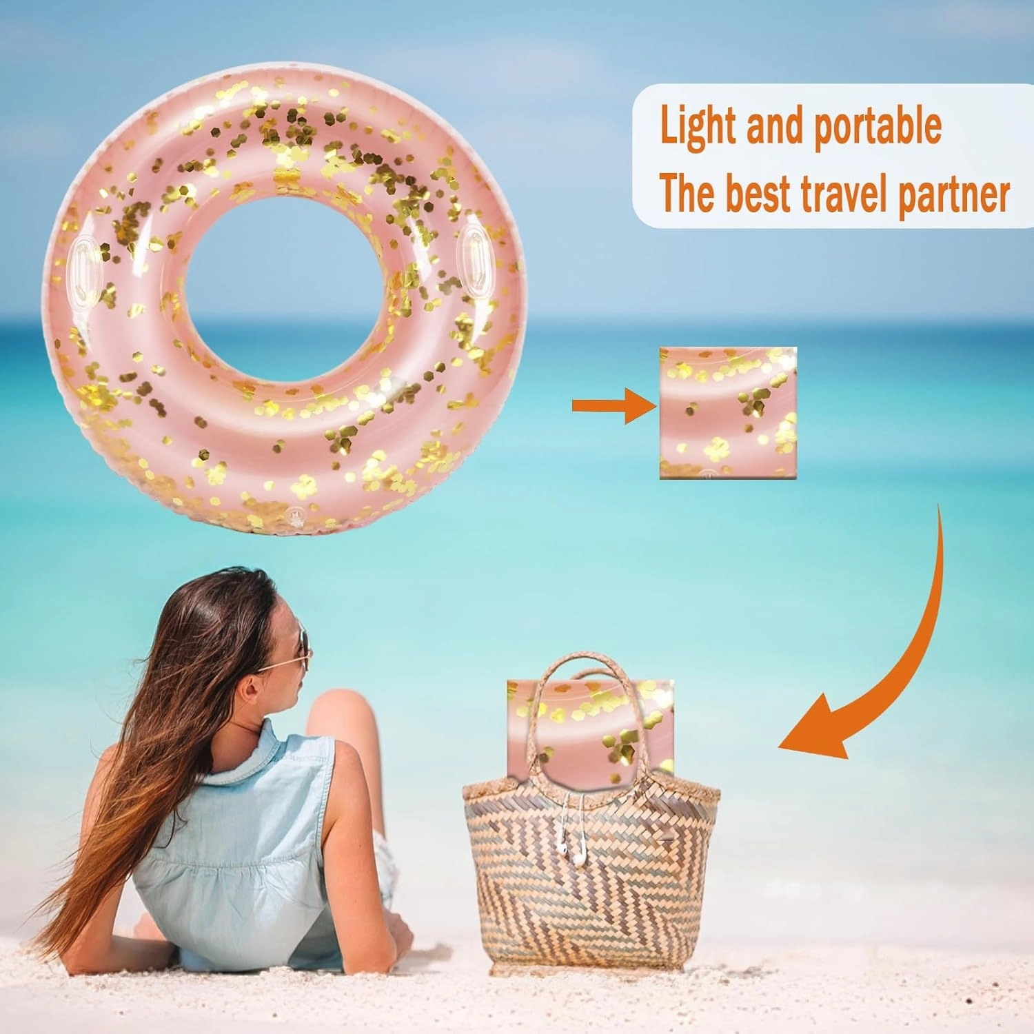 Large Inflatable Pool Floats with Handles for Adults- Pool Floaties Pool Tubes Swim Rings Transparant with Gold Sequins Inflatable Pool Float for Swimming Pool Party Lake Beach Adults