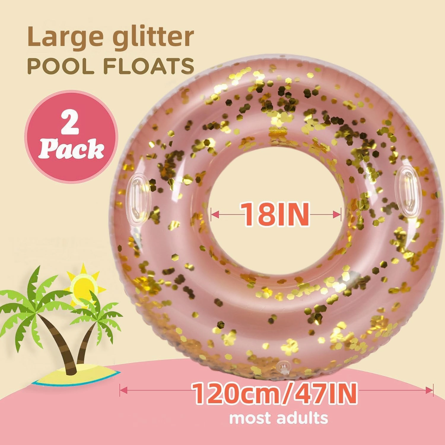 Large Inflatable Pool Floats with Handles for Adults- Pool Floaties Pool Tubes Swim Rings Transparant with Gold Sequins Inflatable Pool Float for Swimming Pool Party Lake Beach Adults