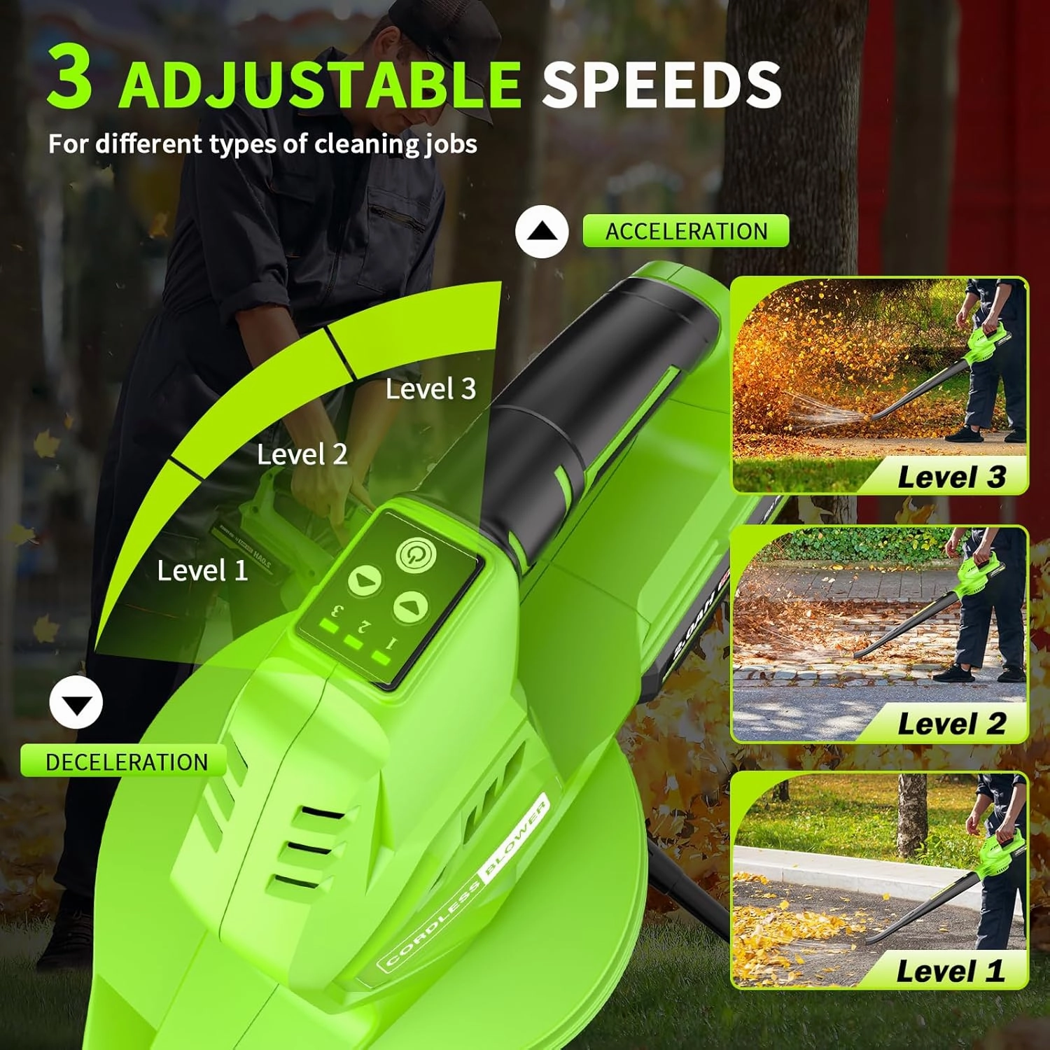 Leaf Blower Cordless, 20V Electric Leaf Blower with 2 X 2.0Ah Batteries and Fast Charger, 3 Speed Control, Handheld Lightweight Leaf Blower for Lawn Care, Patio, Garden Cleaning, etc