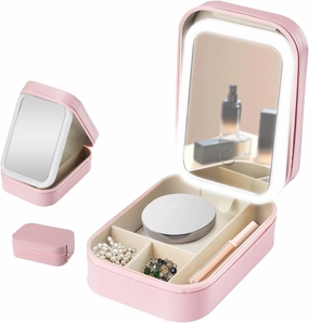 LED Three Color Adjustable Makeup Mirror, 3 Colors Brightness Adjustable Makeup Mirror with Lights, Travel Makeup Bag with Led Mirror, Led Makeup Mirror, Portable Makeup Box (Pink)