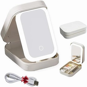 LED Three-Color Adjustable Makeup Mirror, Three Colors Brightness Adjustable Makeup Mirror with Lights, Travel Makeup Bag with Led Mirror, Rechargeable Makeup Mirror (Cream White)