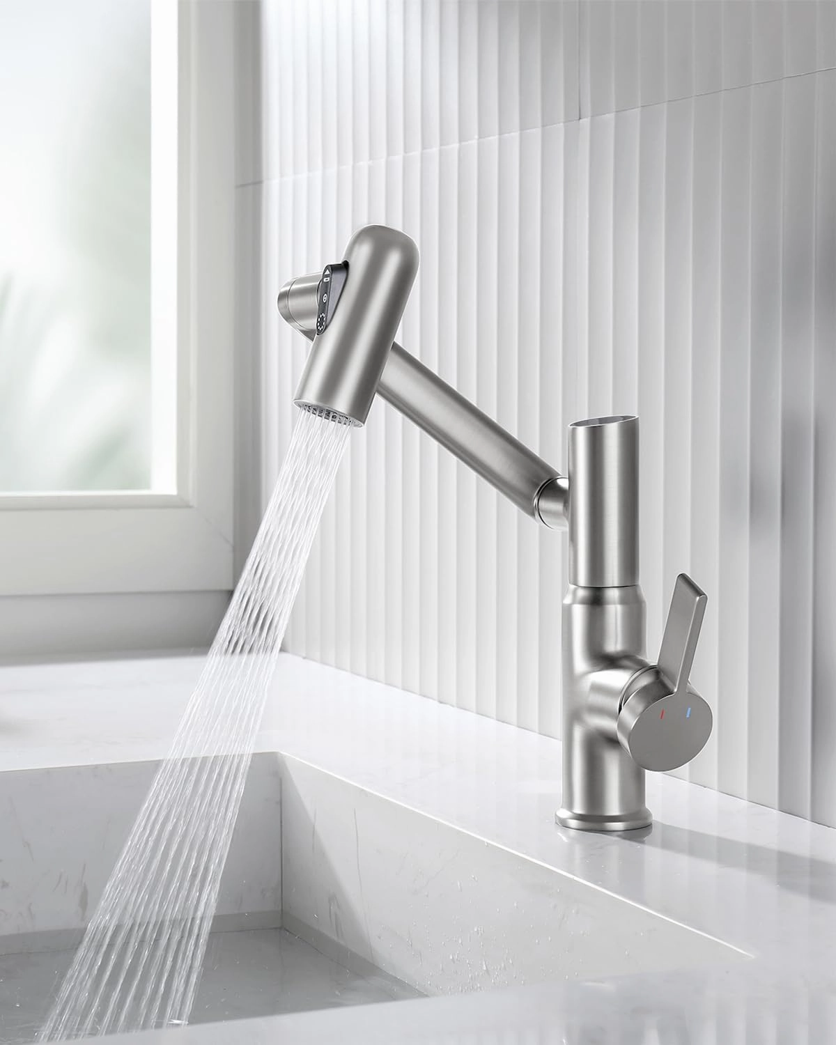 Lefton Rotatable Bathroom Faucet with Temperature Display in Fahrenheit (Batteries-Free), 3 Water Modes, Brushed Nickel, BF2204-0