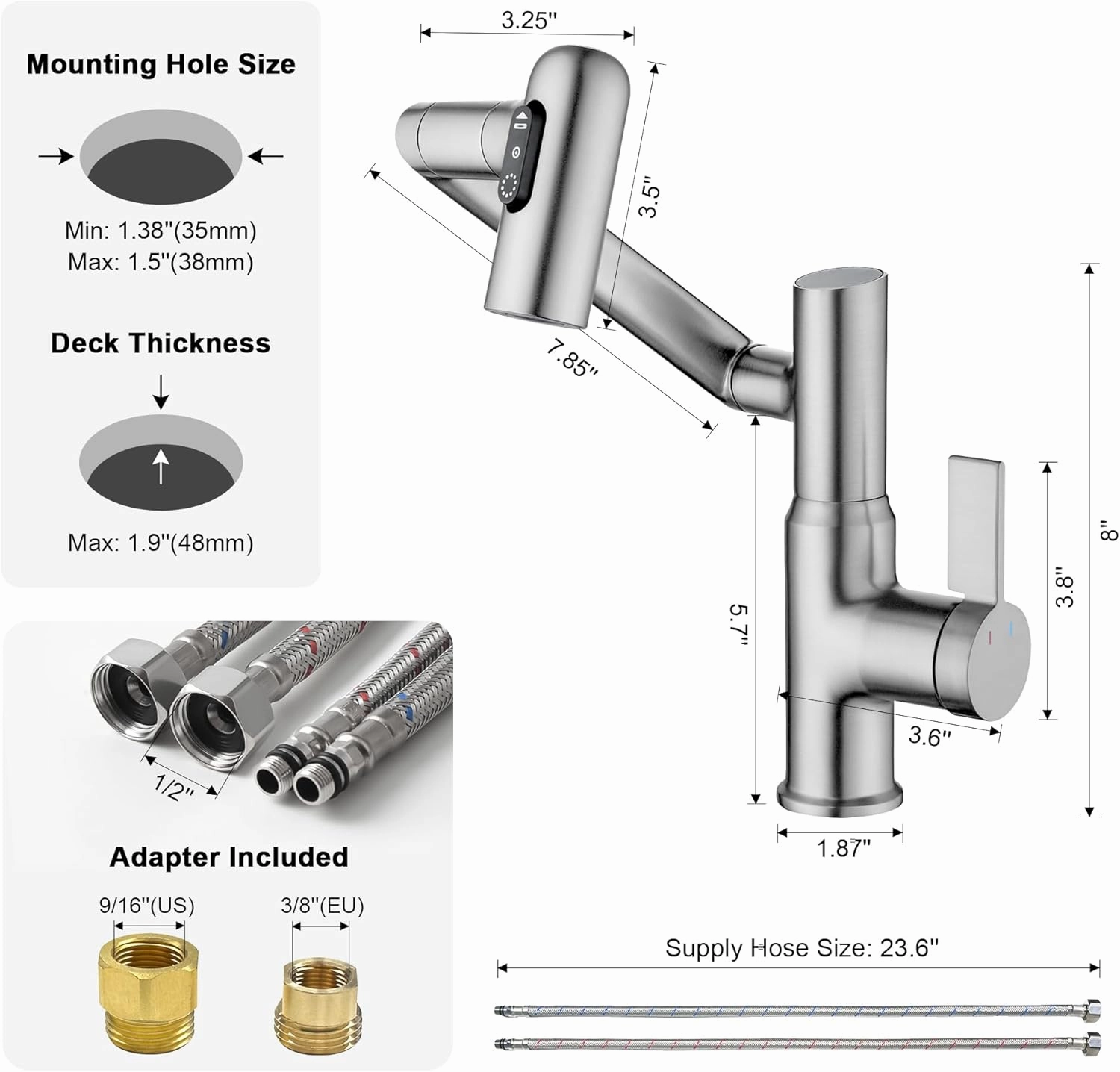 Lefton Rotatable Bathroom Faucet with Temperature Display in Fahrenheit (Batteries-Free), 3 Water Modes, Brushed Nickel, BF2204-0