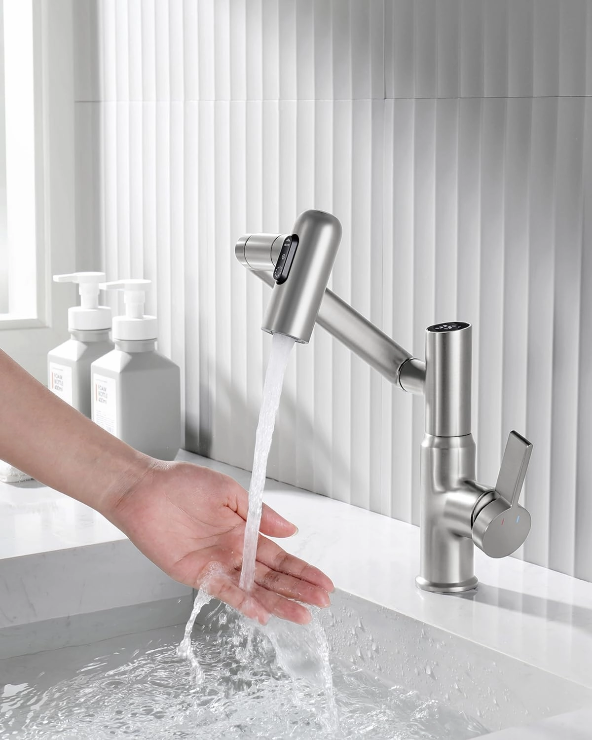 Lefton Rotatable Bathroom Faucet with Temperature Display in Fahrenheit (Batteries-Free), 3 Water Modes, Brushed Nickel, BF2204-0
